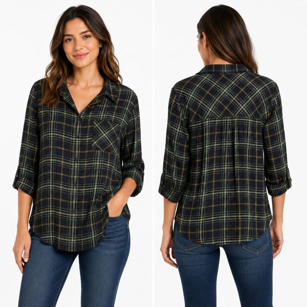 Christopher & Banks Plaid Button Shirt Black L